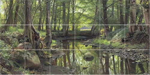 Ceramic tile mural with forest creek, rocks and trees